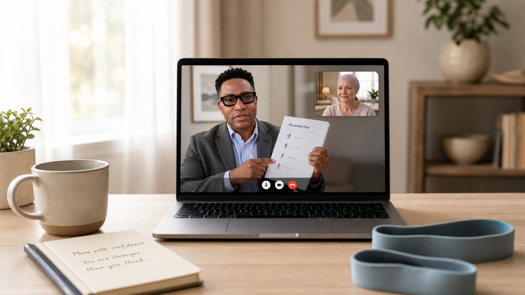 Darryl Edwards providing virtual exercise oncology support to a cancer patient during an online consultation.