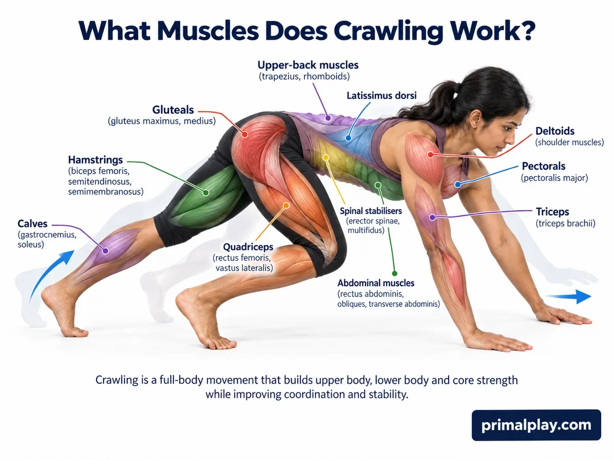 Muscles used during adult crawling exercise, including shoulders, chest, back, trunk, hips and legs.