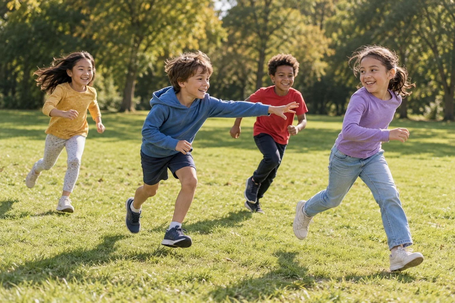 Four children playing tag on a park lawn, with one reaching towards another as they run.