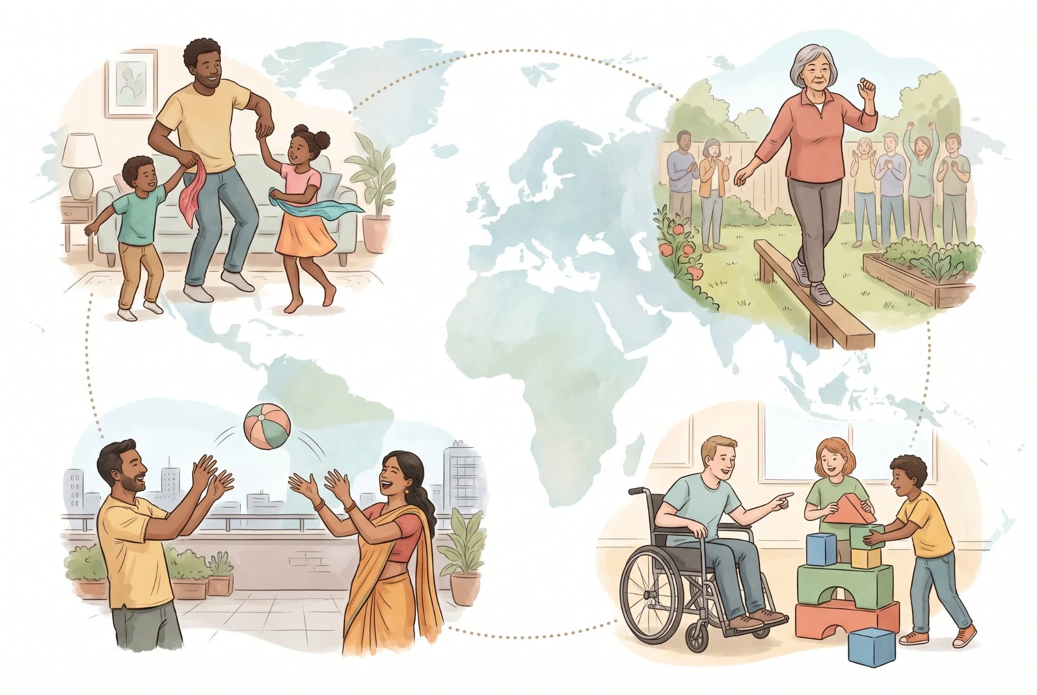 People of different ages and backgrounds taking part in active play around the world, including family play, balancing, ball play and inclusive play with a wheelchair user.
