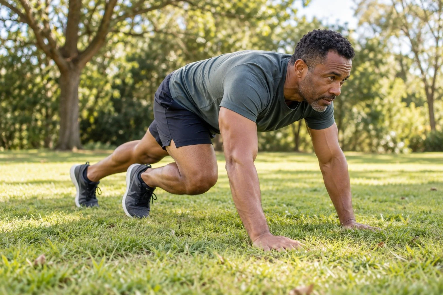 Man performing a bear crawl on grass, supporting himself on his hands and feet with his knees raised.