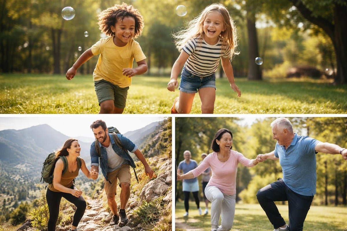 Collage showing children running and playing in a park, adults hiking outdoors, and older adults moving together in a park, illustrating joyful active movement across the lifespan.