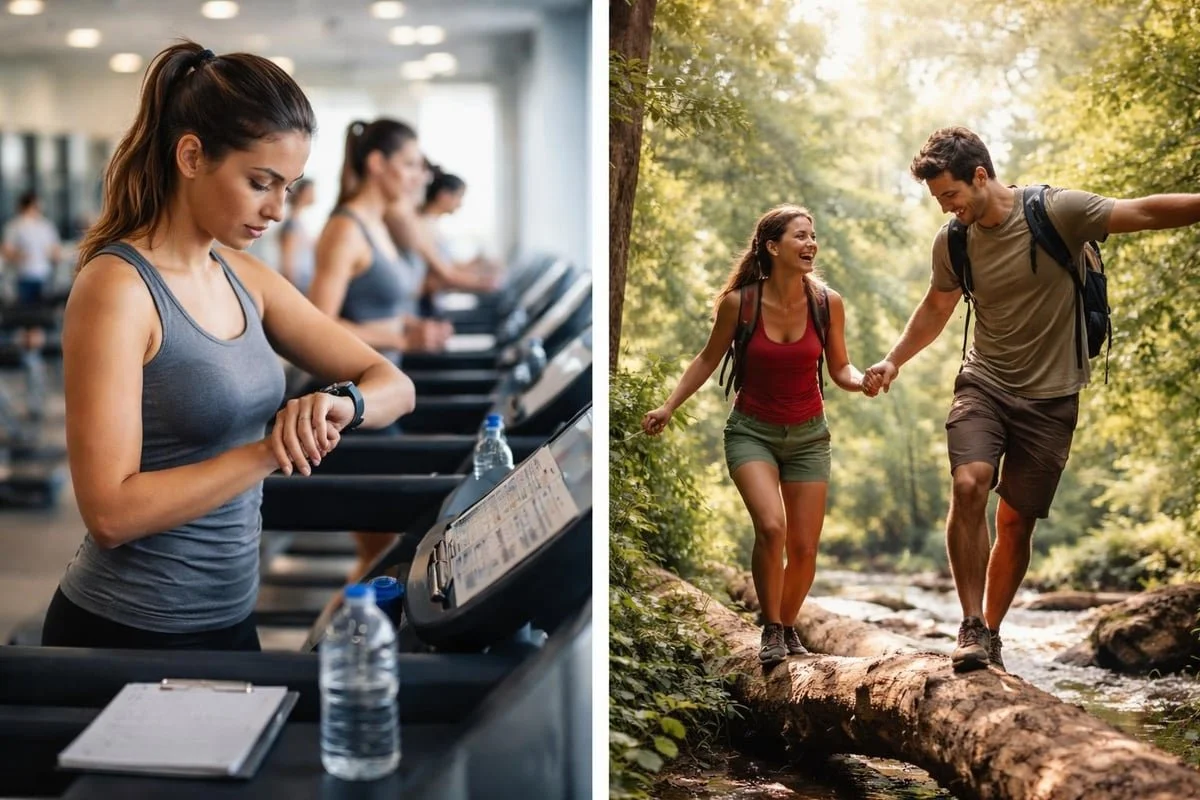 Side-by-side image showing a woman exercising on a treadmill in a gym and a smiling couple balancing on a log during an outdoor walk, illustrating the contrast between structured exercise and joyful natural movement.