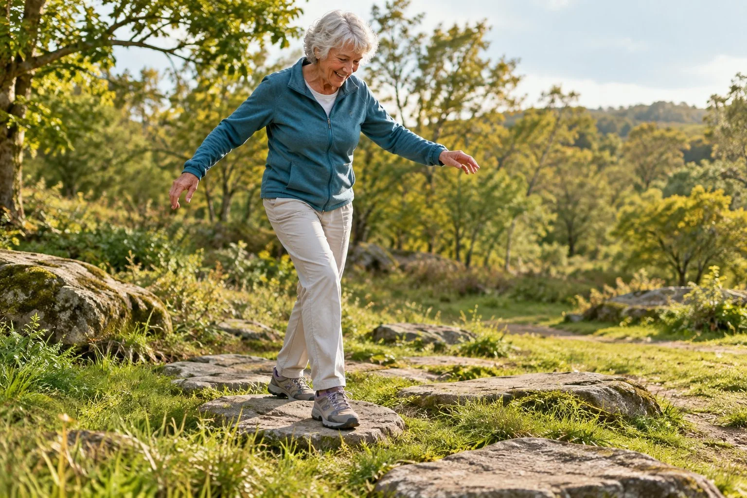 Older woman stepping between flat rocks outdoors, holding her arms out for balance.