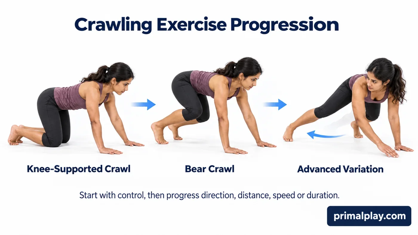 Adult woman demonstrating a crawling exercise progression from knee-supported crawling to Bear Crawl and an advanced lateral crawling variation.