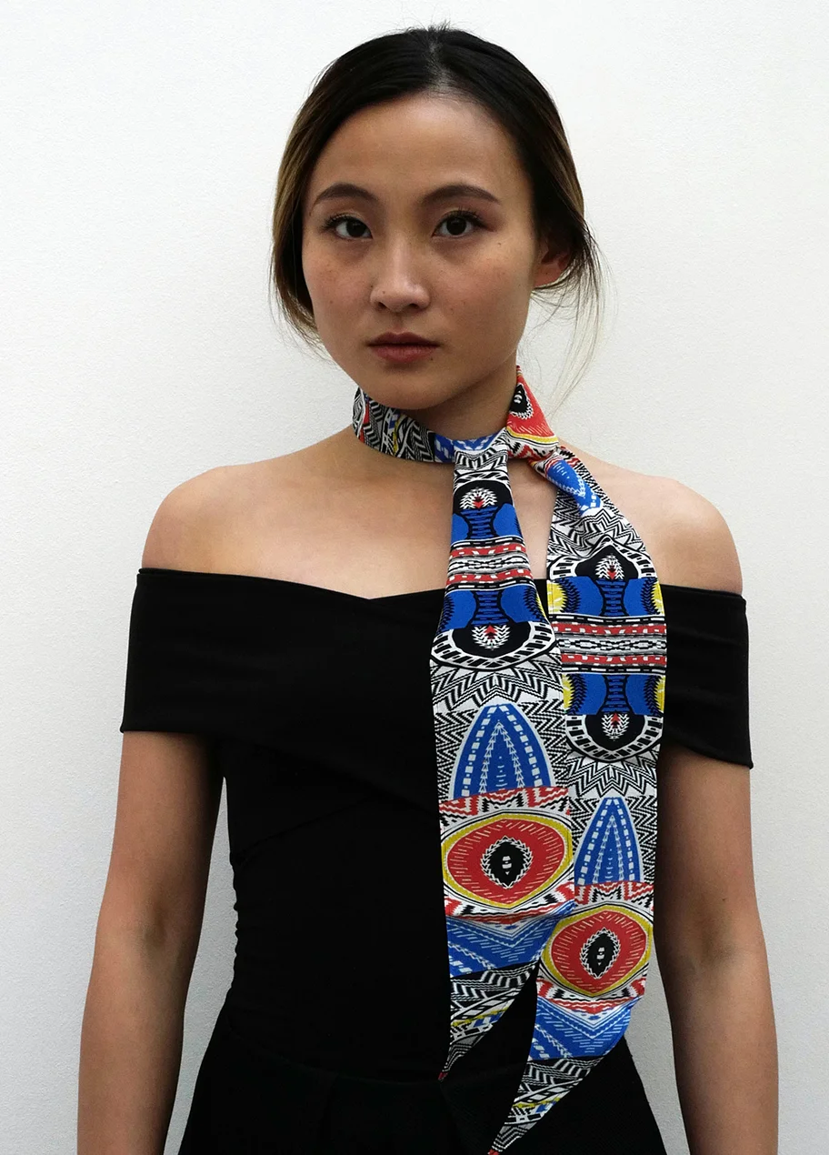 1965 Print Skinny Silk Scarf - blue/yellow/rust