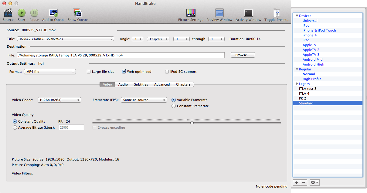 Screenshot of the Handbrake interface
