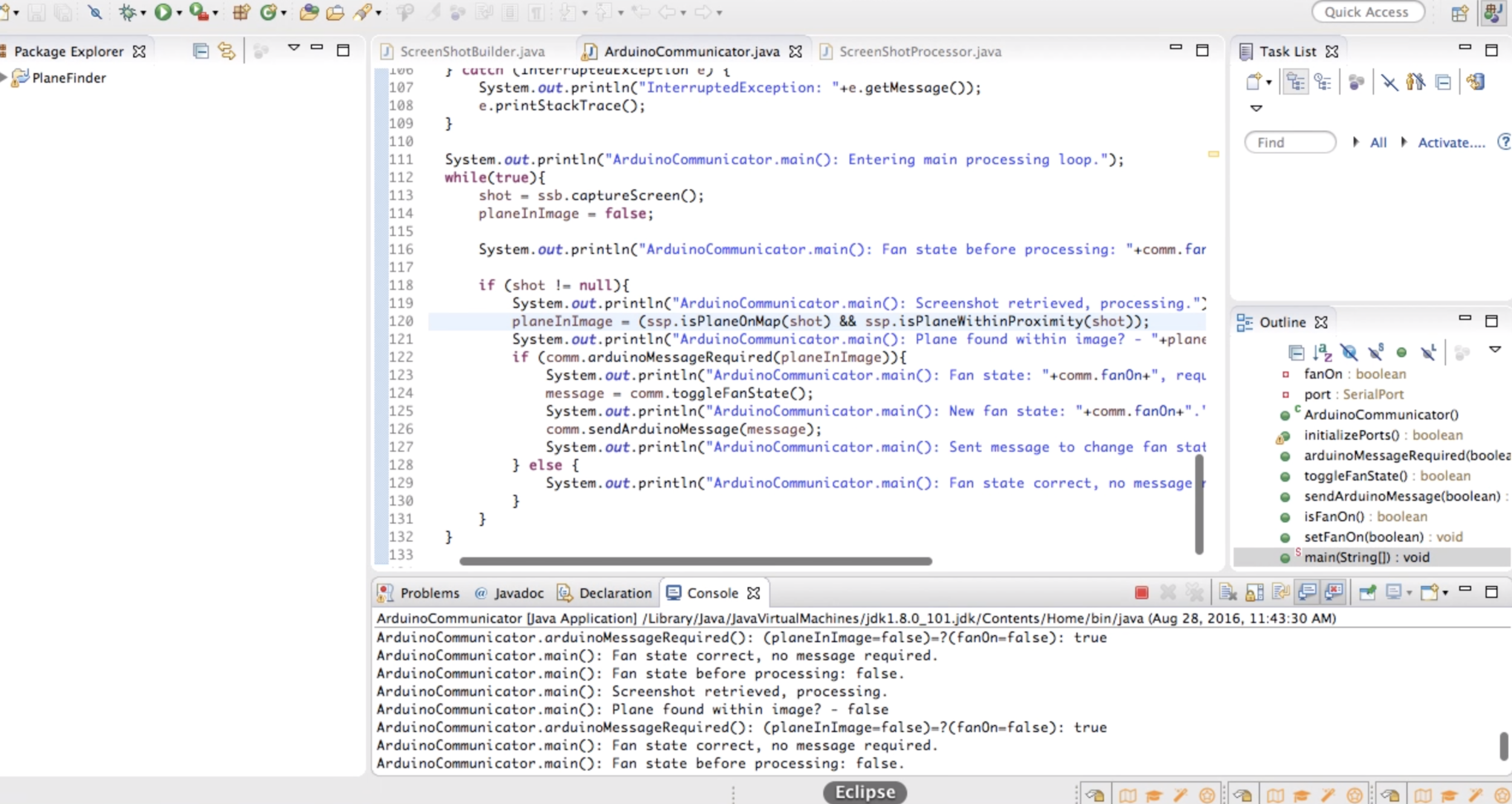 Screenshot of JavaScript and Eclipse triggering Arduino based off of Flightradar24.com