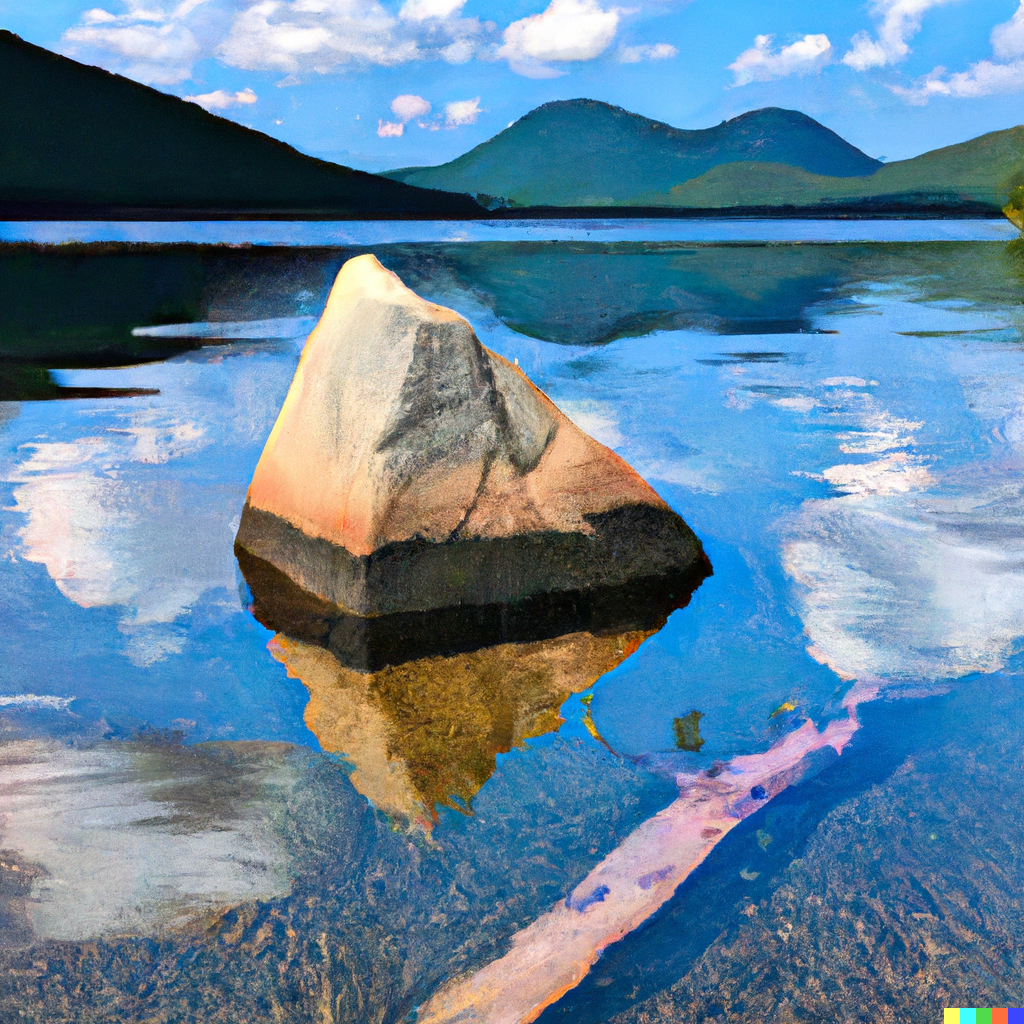 DALL·E 2023-01-27 12.08.53 - “Create a painting in the style of Picasso of Jordan pond in Maine taken from the south on a sunny day with one tiny rock and partially submerged log .png