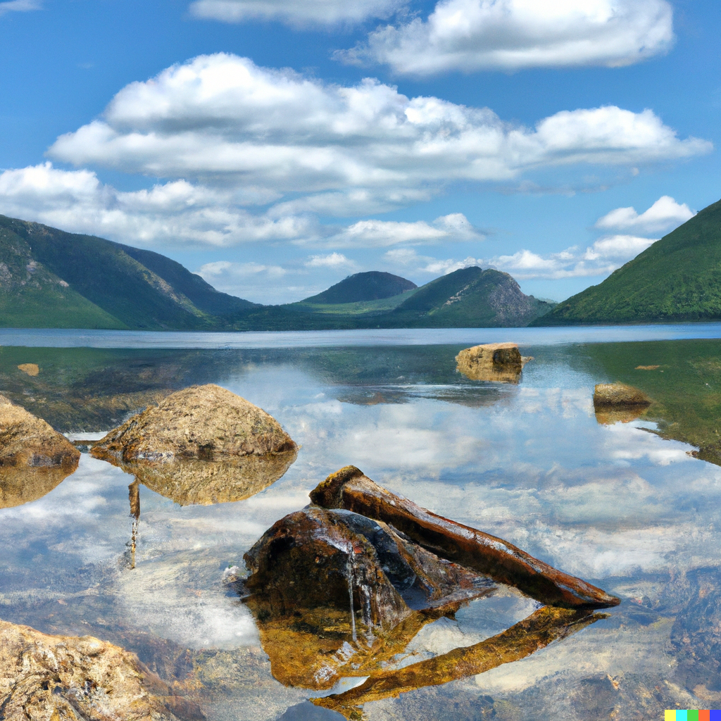 DALL·E 2023-01-27 12.08.23 - “Create a photo of Jordan pond in Maine taken from the south on a sunny day with one tiny rock and partially submerged log in the foreground and mount.png