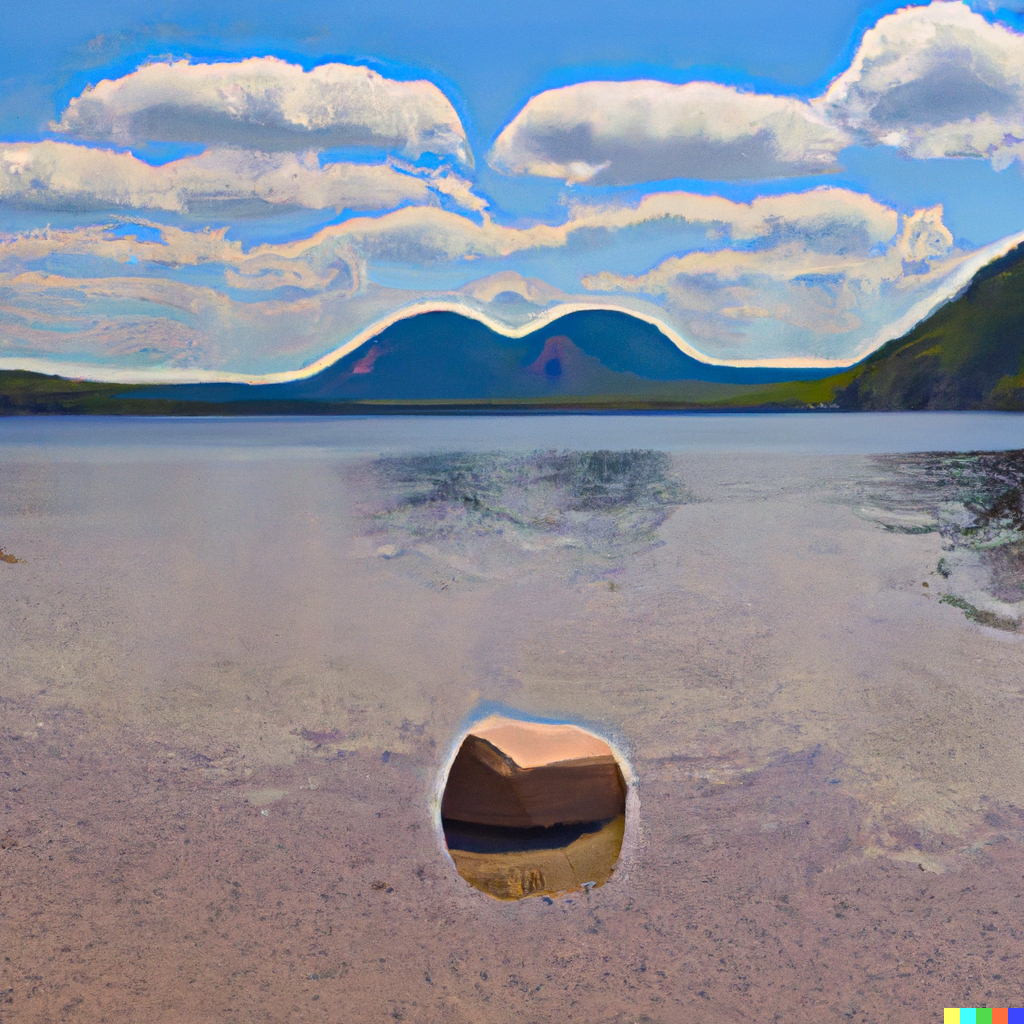 DALL·E 2023-01-27 12.08.05 - “Create a photo of Jordan pond in Maine taken from the south on a sunny day with one tiny rock in the foreground and mountains in the background and w.png