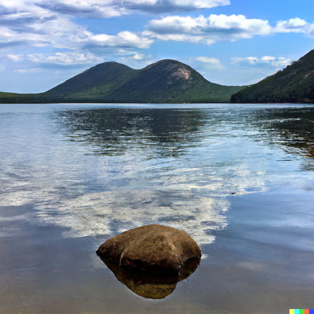 DALL·E 2023-01-27 12.07.49 - Create a realistic photo of Jordan pond in Maine taken from the south on a sunny day with one tiny rock in the foreground and mountains in the backgro.png