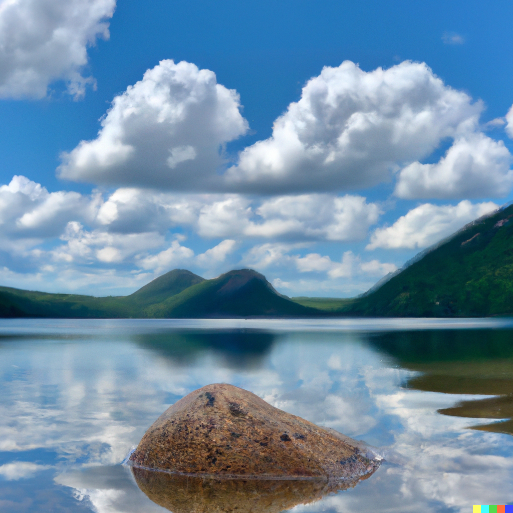 DALL·E 2023-01-27 12.06.55 - “Create a sharply focused photo of Jordan pond in Maine taken from the south on a sunny day with one tiny rock in the foreground and mountains in the .png