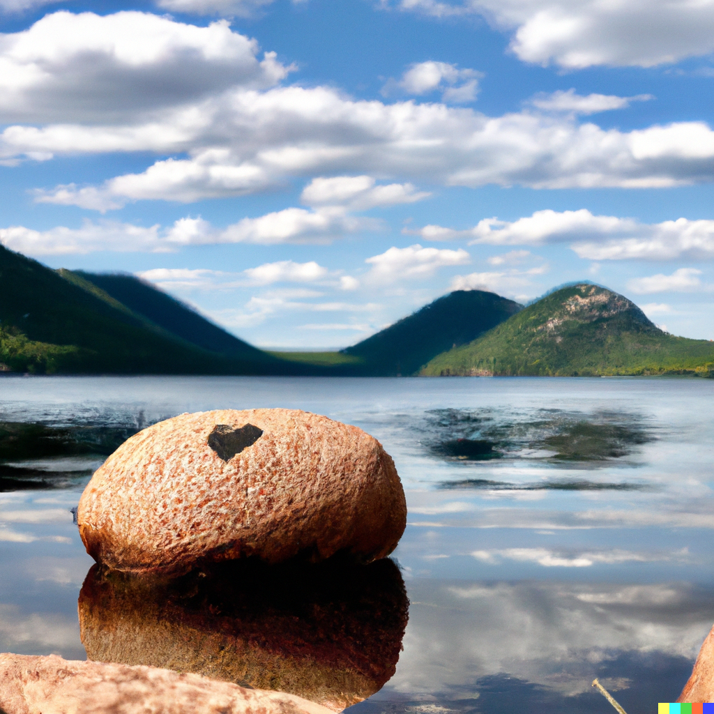 DALL·E 2023-01-27 12.06.27 - Create a realistic photo of Jordan pond in Maine taken from the south on a sunny day with one small rock in the foreground and mountains in the backgr.png