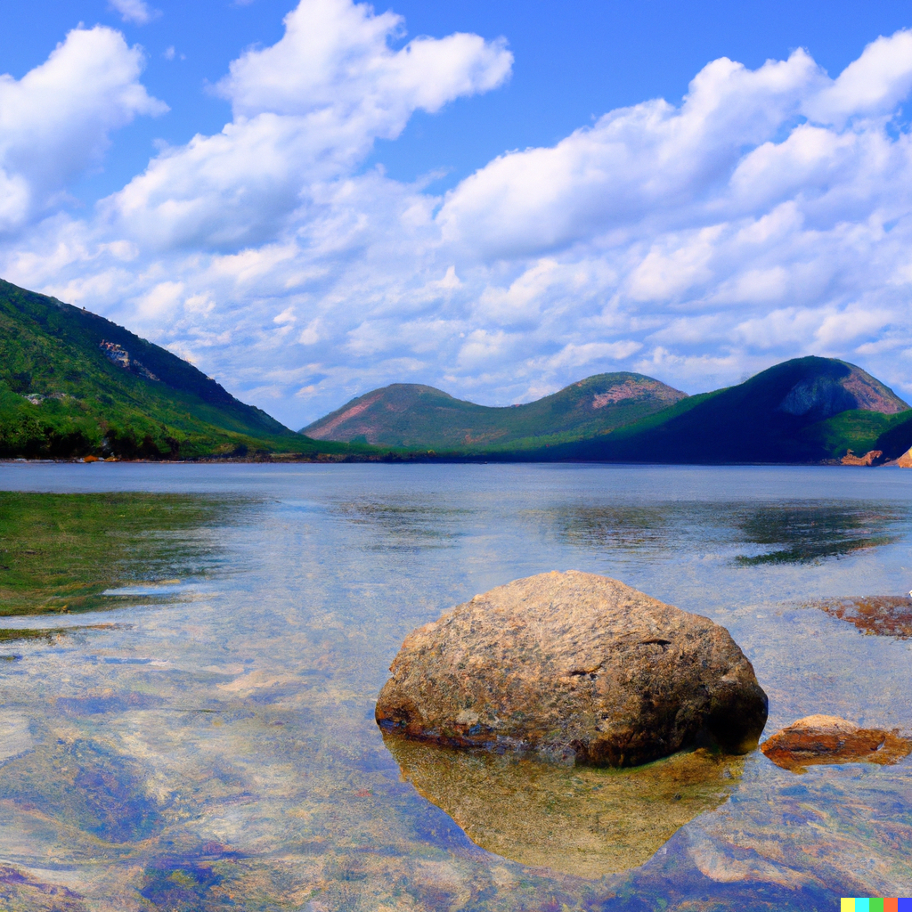 DALL·E 2023-01-27 12.06.07 - Create a realistic photo of Jordan pond in Maine taken from the south on a sunny day with one small rock in the foreground and mountains in the backgr.png