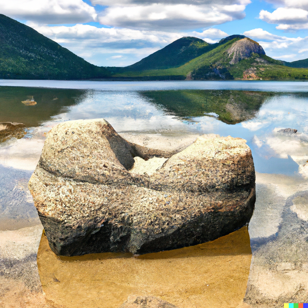 DALL·E 2023-01-27 12.05.54 - Create a realistic photo of Jordan pond in Maine taken from the south on a sunny day with one rock in the foreground and mountains in the background a.png