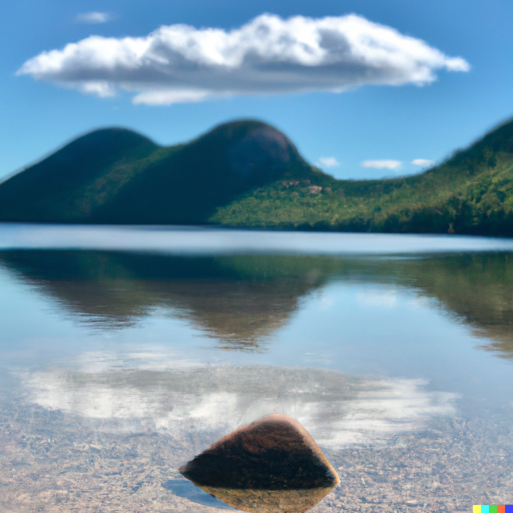 DALL·E 2023-01-27 12.05.25 - “Create a sharply focused photo of Jordan pond in Maine taken from the south on a sunny day with one tiny rock in the foreground and mountains in the .png