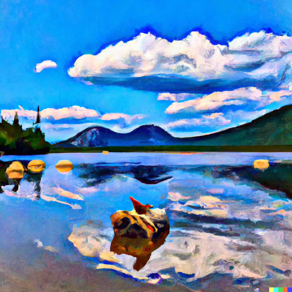 DALL·E 2023-01-27 12.03.27 - “Create a painting in the style of van Gogh of Jordan pond in Maine taken from the south on a sunny day with one tiny rock and partially submerged log.png