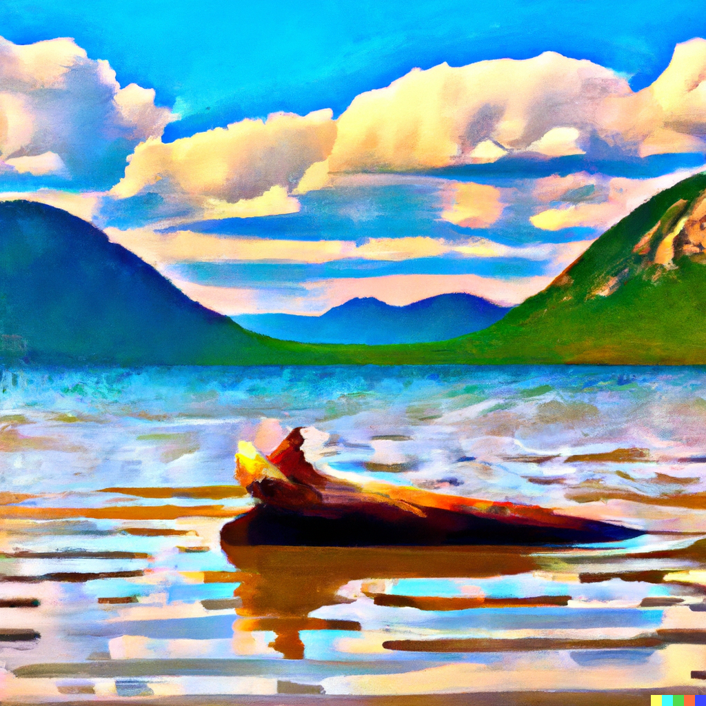 DALL·E 2023-01-27 12.03.11 - “Create a painting in the style of van Gogh of Jordan pond in Maine taken from the south on a sunny day with one tiny rock and partially submerged log.png