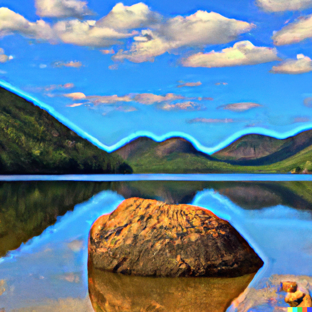 DALL·E 2023-01-27 12.04.45 - “Create a sharply focused photo of Jordan pond in Maine taken from the south on a sunny day with one tiny rock in the foreground and mountains in the .png