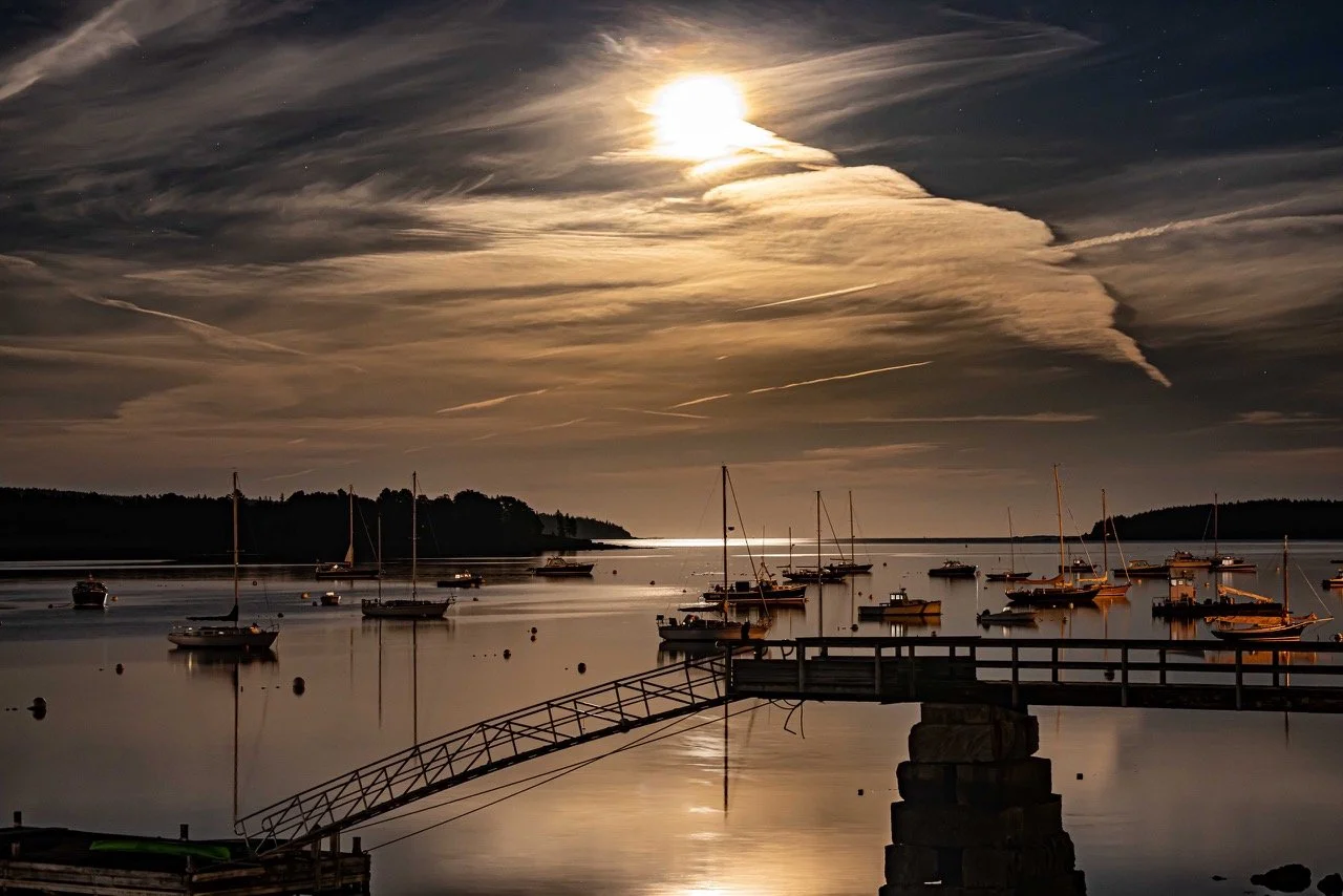 Moonrise and Contrails SW Harbor
