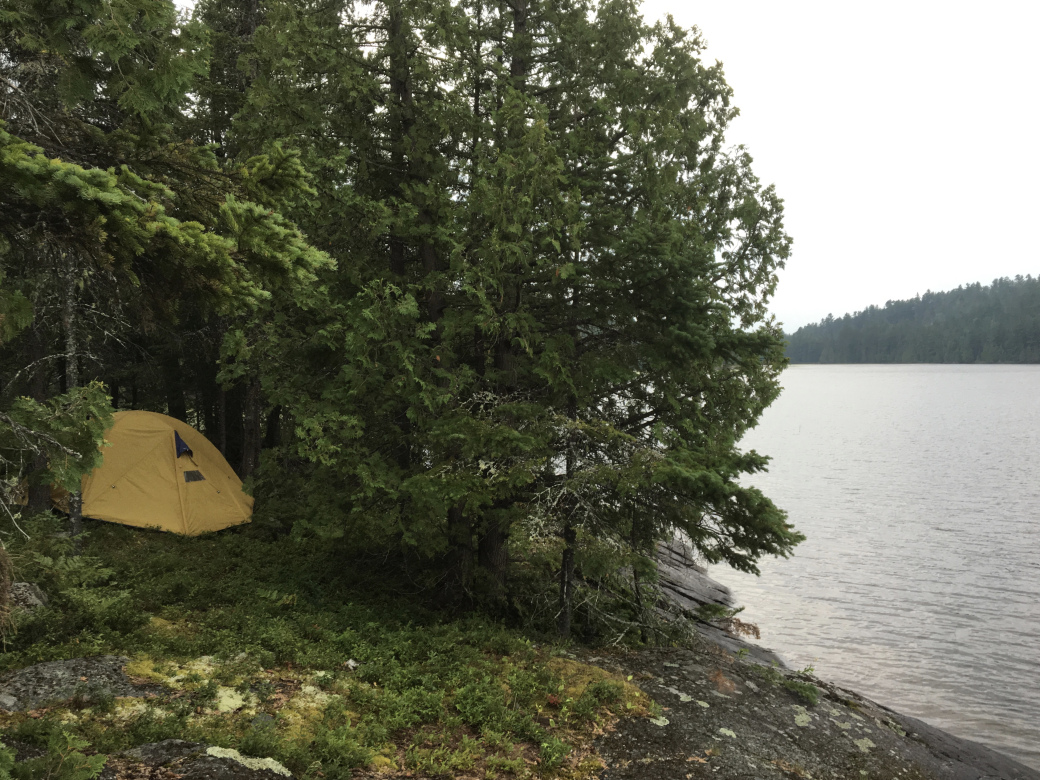 Bit of a wet morning on Lahay Lake, "Interesting" Tent Pad