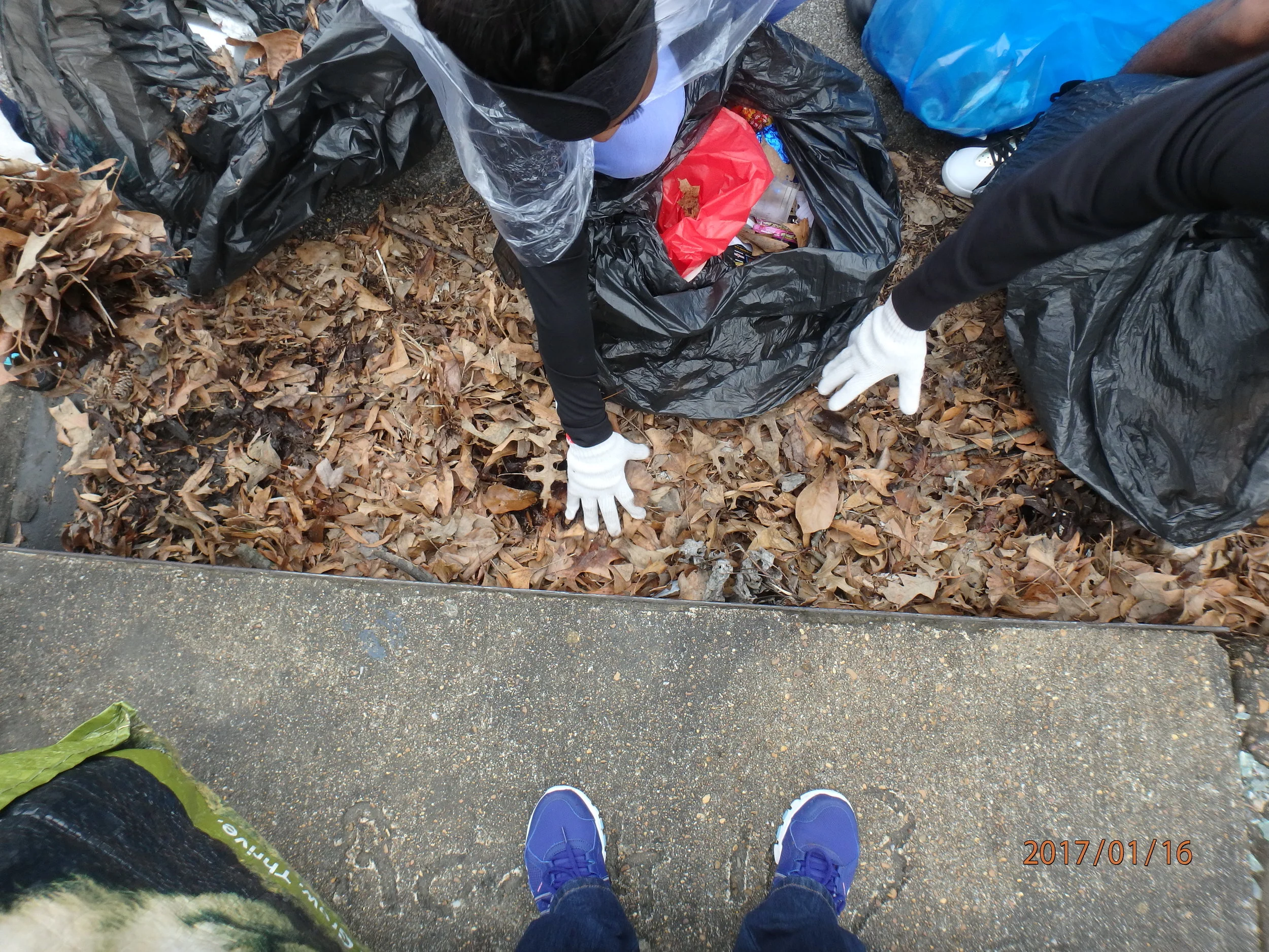 Clean-up of yard waste from storm drain during Day of Service this year at Kingsbury.