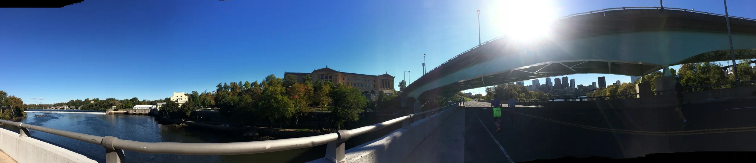 Panorama along the Schuykill River- (L toR) boat house row, the art museum, and Philly skyline 