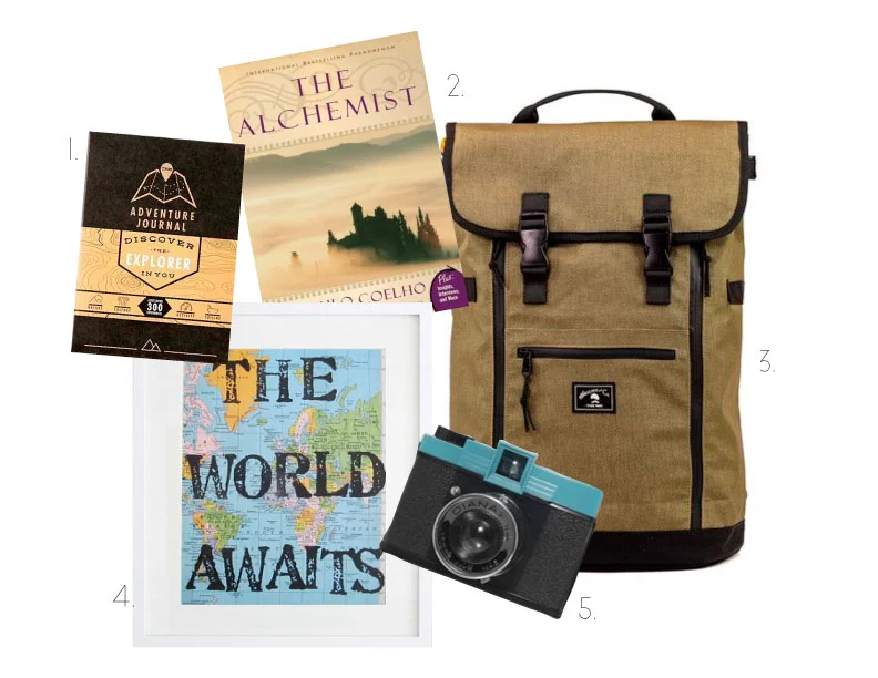 Get ideas for adventures and document your travels in this (1.) Interactive Adventure Journal, $32.00 (Urban Outfitters). Read (2.) "The Alchemist" by Paul Coelho, $16.99 (Barnes & Noble) for a story about an outward journey that leads to an inward journey. Pack up your (3.) Babylon backpack, $129 (wheelmencompany.com) with supplies for a weekend away or a year abroad. This (4.) OpusandVerse map art print, $18.50 (etsy.com) would look great on the wall of any "wanderluster". Bring along this (5.) Diana camera, $49 (uncommongoods) to capture dreamy photos of your wanderings. 