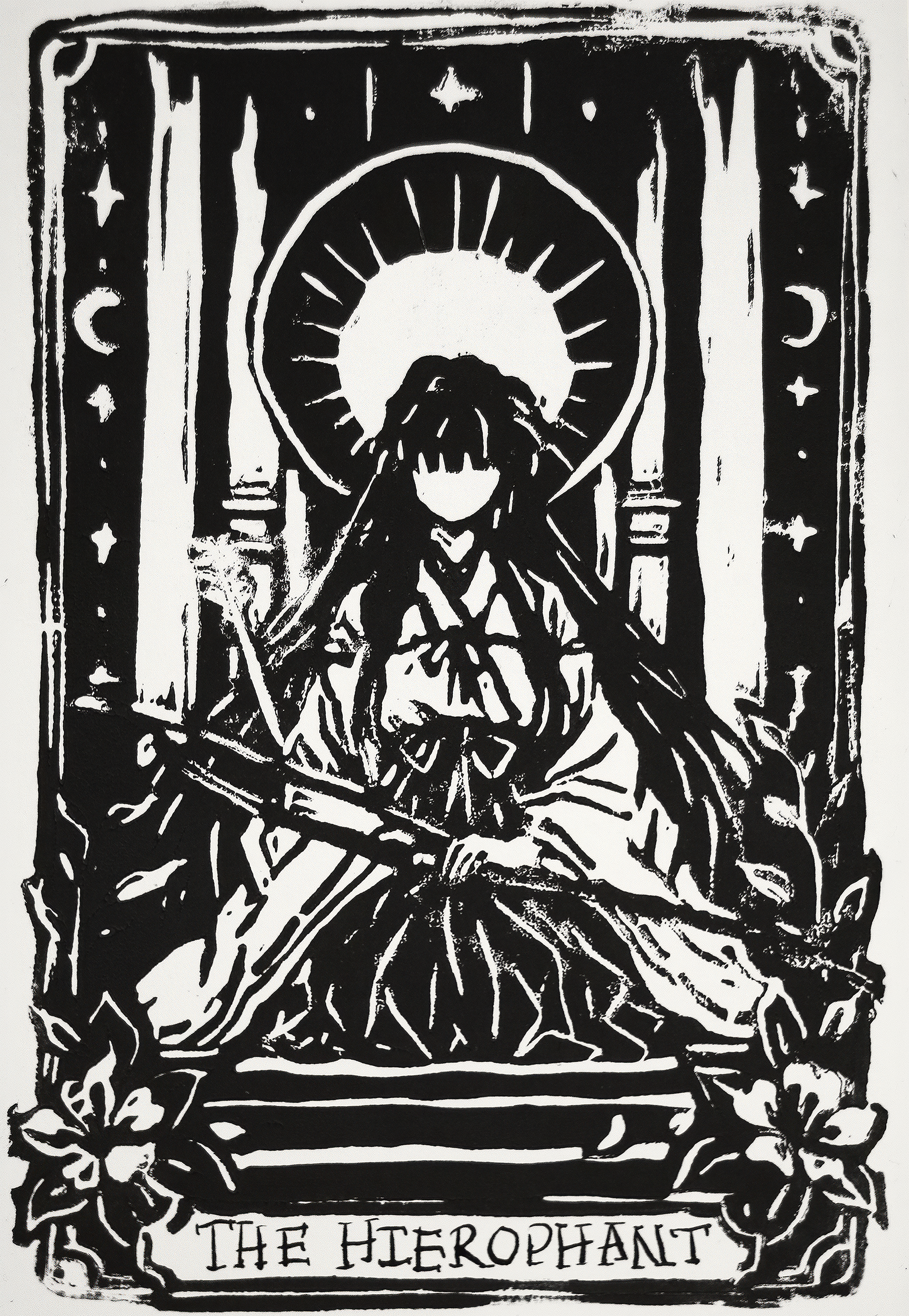 THE HIEROPHANT - Kikyo - Anime Tarot Series - 4x6 Linocut