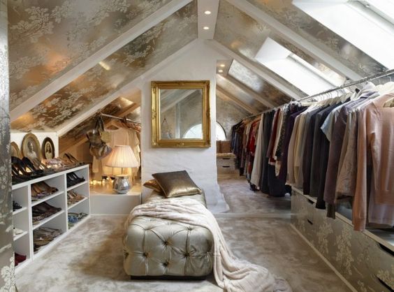  Attic closets are a great idea! This one has a sky light too so it's filled with natural light unlike most dark attics. &nbsp;So charming! Love the color scheme,&nbsp;warm tones and soft textures. 