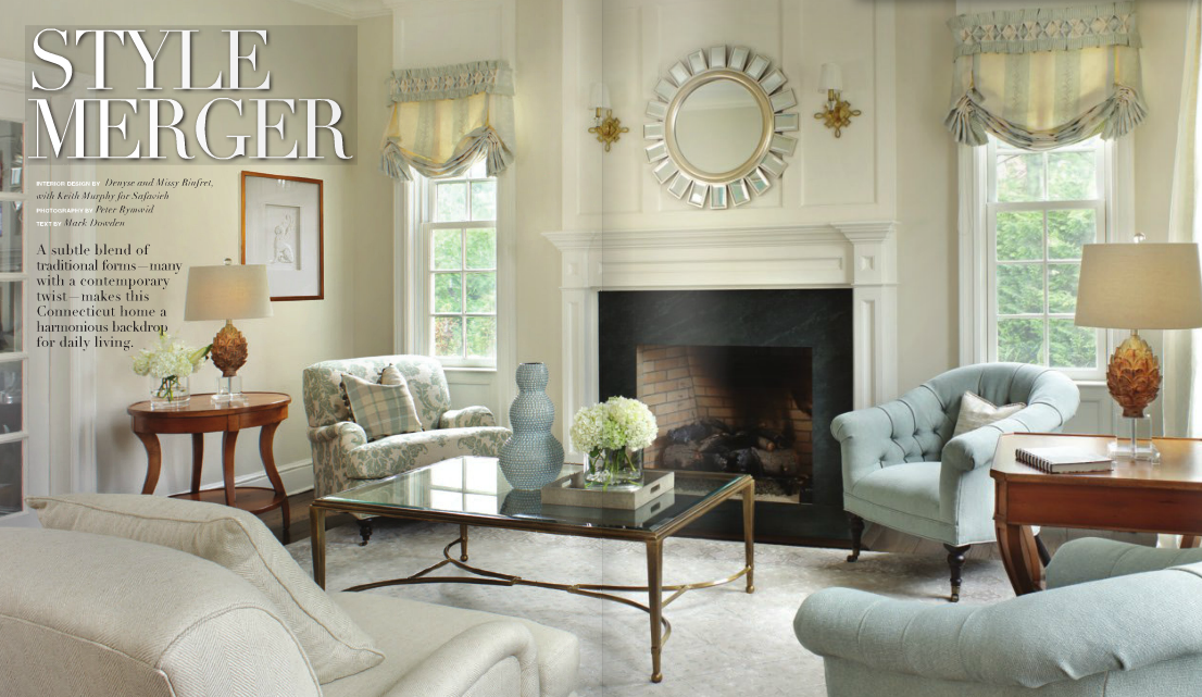 A spread of a home designed by the Rinfret Group, in Safavieh Magazine 