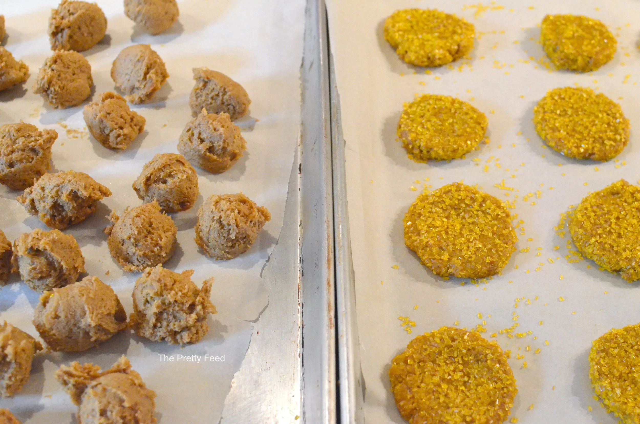 Tip: Use an ice cream scooper to ensure that each cookie has the same amount of dough. Then roll the dough into perfect circles in your hands before dipping them in the sugar sprinkles. This way they will all flatten perfectly and all the cookies will be uniform.