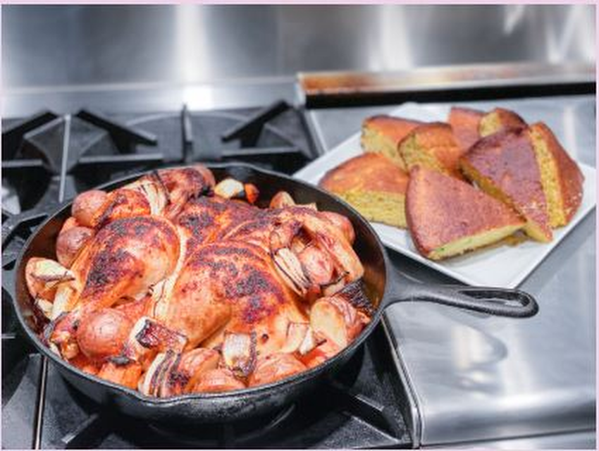                         Cast Iron Spatchcock Chicken with Roasted Potatoes and Onions