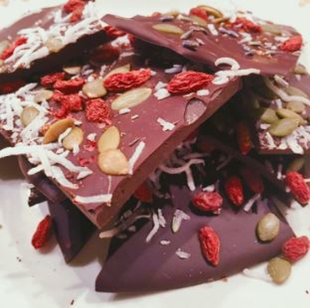                         Dark Chocolate Bark with Goji Berries, Pumpkin Seeds, and Coconut