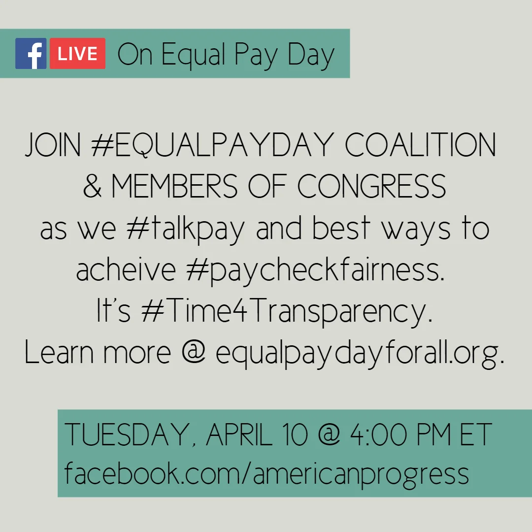 Post #EqualPayDay Social @ 4/10 @ 2pmE, join @EqualPay2dayOrg @CAPWomen @nwlc @AAUWPolicy & electeds like @RepLawrence on http://facebook.com/americanprogress @ 4/10 @ 4pmE. We'll #talkpay gender #wagegap & solutions, like #paycheckfairness . It's #Time4Transparency ! It's time 4 #equalpay !