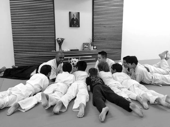 Sensei Ama, teaching the Tatami Youth class along with his furry assistant Whiskey.