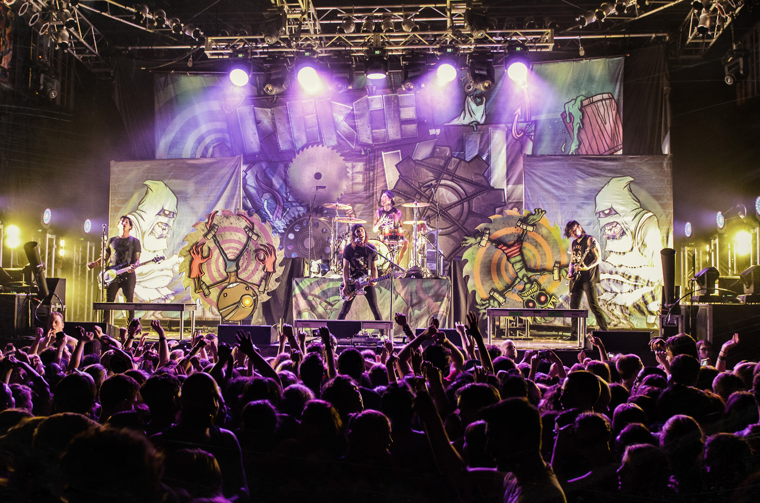 ABOVE: All original stage artwork for headling tour, featuring moving characters and objects, glow in the dark inks, and multiple original characters. Hand illustrated.