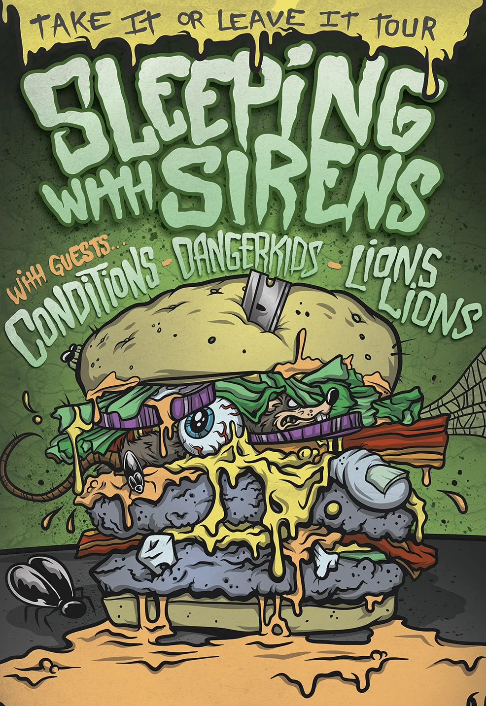 ABOVE: SWS EARLY TOUR ADMAT FEATURING OUTRAGEOUS ILLUSTRATED CHEESEBURGER FILLED WITH GROSS STUFF.