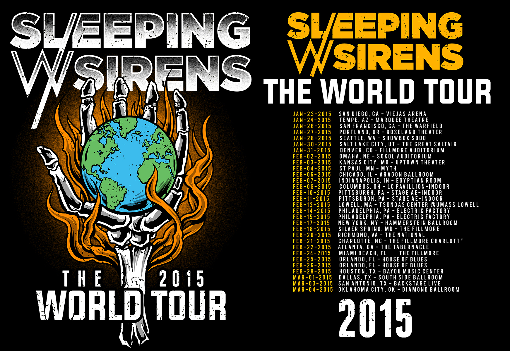 ABOVE: SWS 2015 OFFICIAL WORLD TOUR SHIRT ARTWORK RIGHT: SLEEPING WITH SIRENS JAPAN TOUR 2015 EXCLUSIVE ARTWORK BELOW: SWS HOT TOPIC MERCHANDISE ARTWORK.