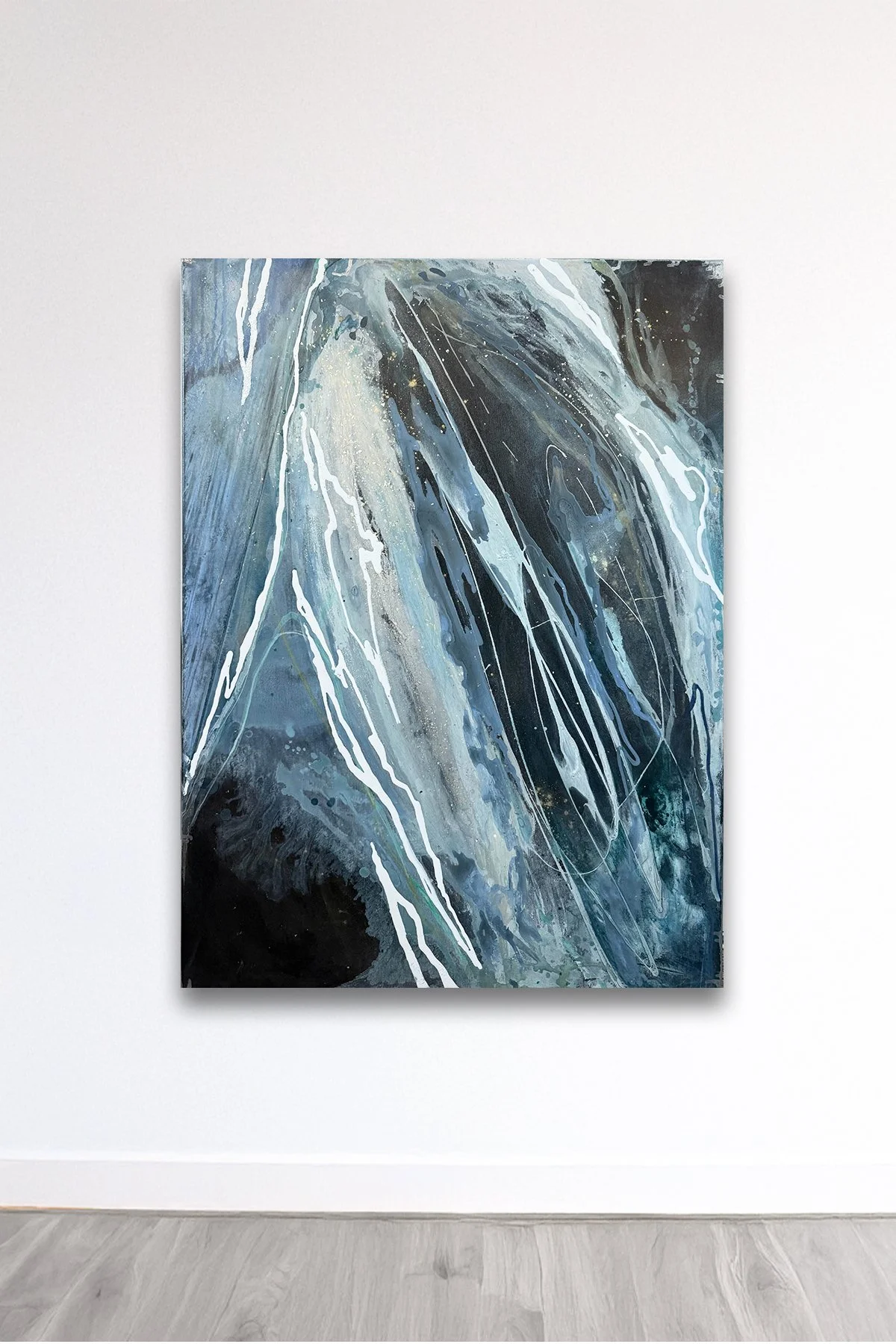   Cold Light , 2026 Acrylic, iridescent pigment, and spray paint on canvas 40 x 30 inches  $ 3,000 