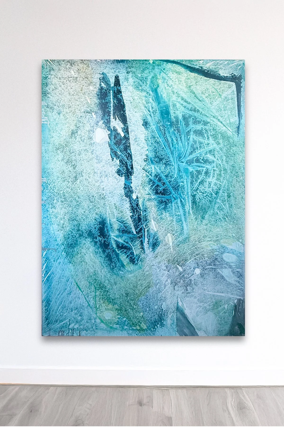   Permafrost , 2026 Acrylic, iridescent pigment, and spray paint on canvas 48 x 36 inches 