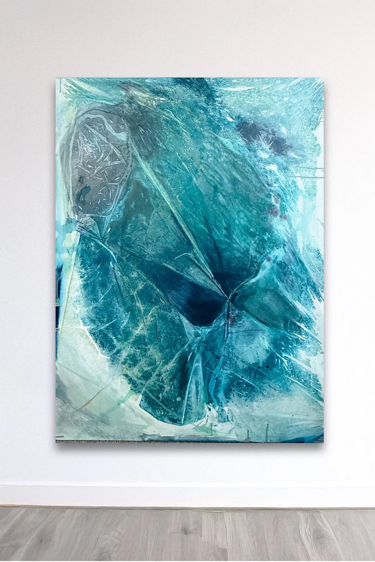   Frozen Interval , 2026 Acrylic, iridescent pigment, and spray paint on canvas 48 x 36 inches 