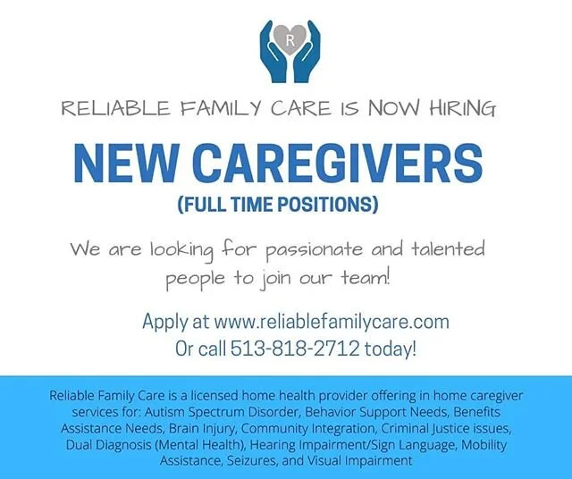 We are hiring! Apply at www.reliablefamilycare.com or call 513-818-2712 today!!! #cincinnati #caregiver #applytoday #reliablefamilycare #wecare #new