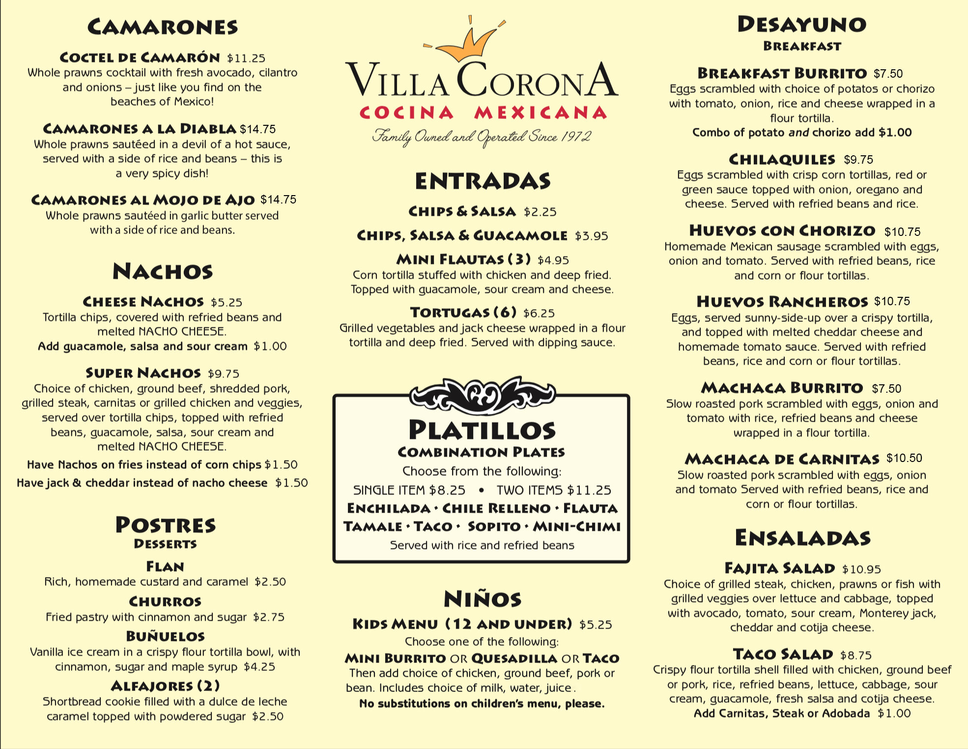 Menu Villa Corona