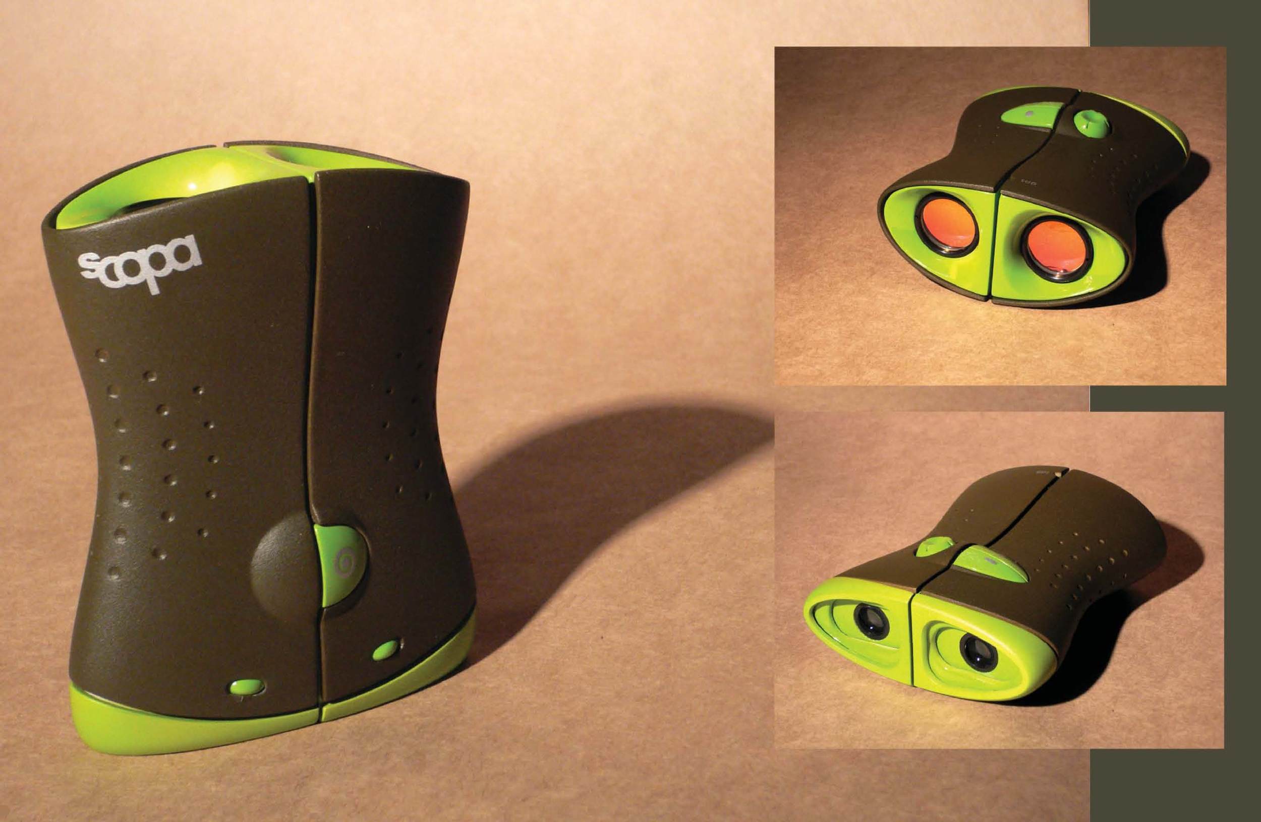 Product model shows the product in "closed" bino-cam mode. 
