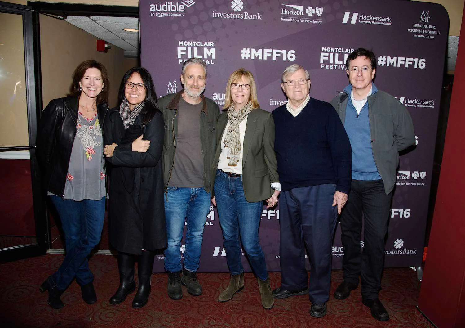 At Montclair Film Festival: Evelyn McGee-Colbert, Tracey McShane, Jon Stewart, Chris Hegedus, D A Pennebaker, Stephen Colbert
