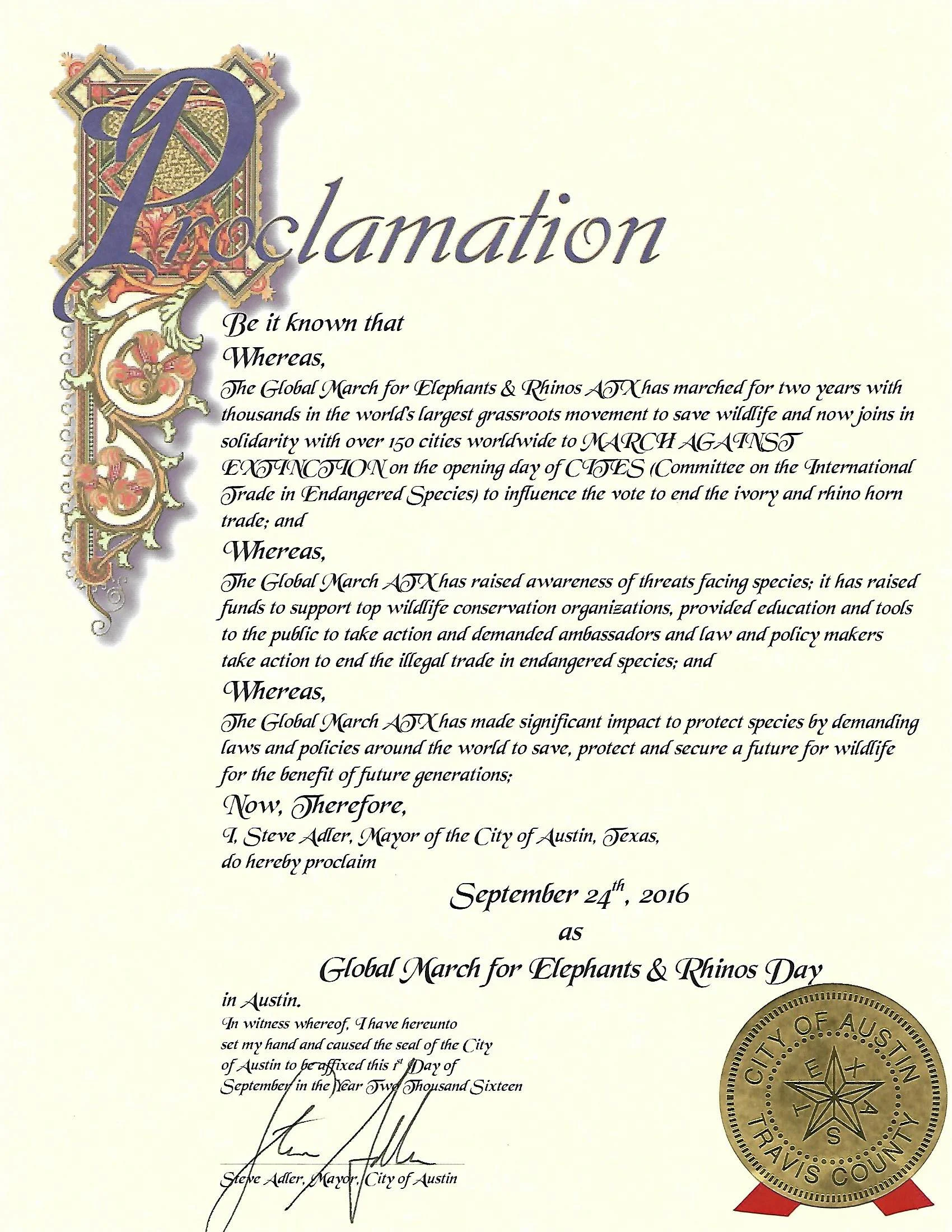 Proclamation received from Austin's Mayor Adler designating September 24 As global March for elephants & Rhinos Day! Thank you!