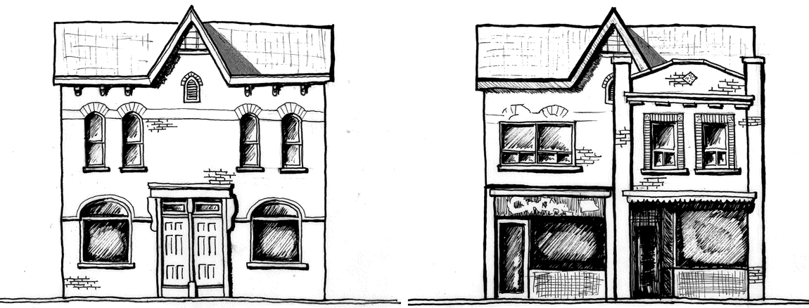 Figure 3: Drawing of a dwelling on Baldwin Street before and after commercial additions. The former is speculative.
