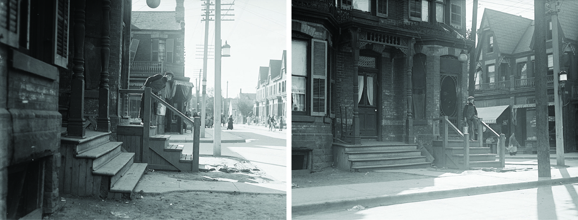 Figure 4: Archival photographs from 1919 showing storefronts added onto residences at Kensington Avenue and Baldwin Street. In the foreground a bay window has been converted to a doorway, indicating that single family homes were being used as apartments. City of Toronto Archives, Series 372, Sub-series 58, Item 834; Series 372, Sub-series 58, Item 835